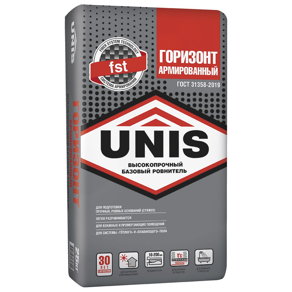 Высокопрочный армированный базовый ровнитель для пола Юнис ГОРИЗОНТ АРМИРОВАННЫЙ, 25кг - картинка 2